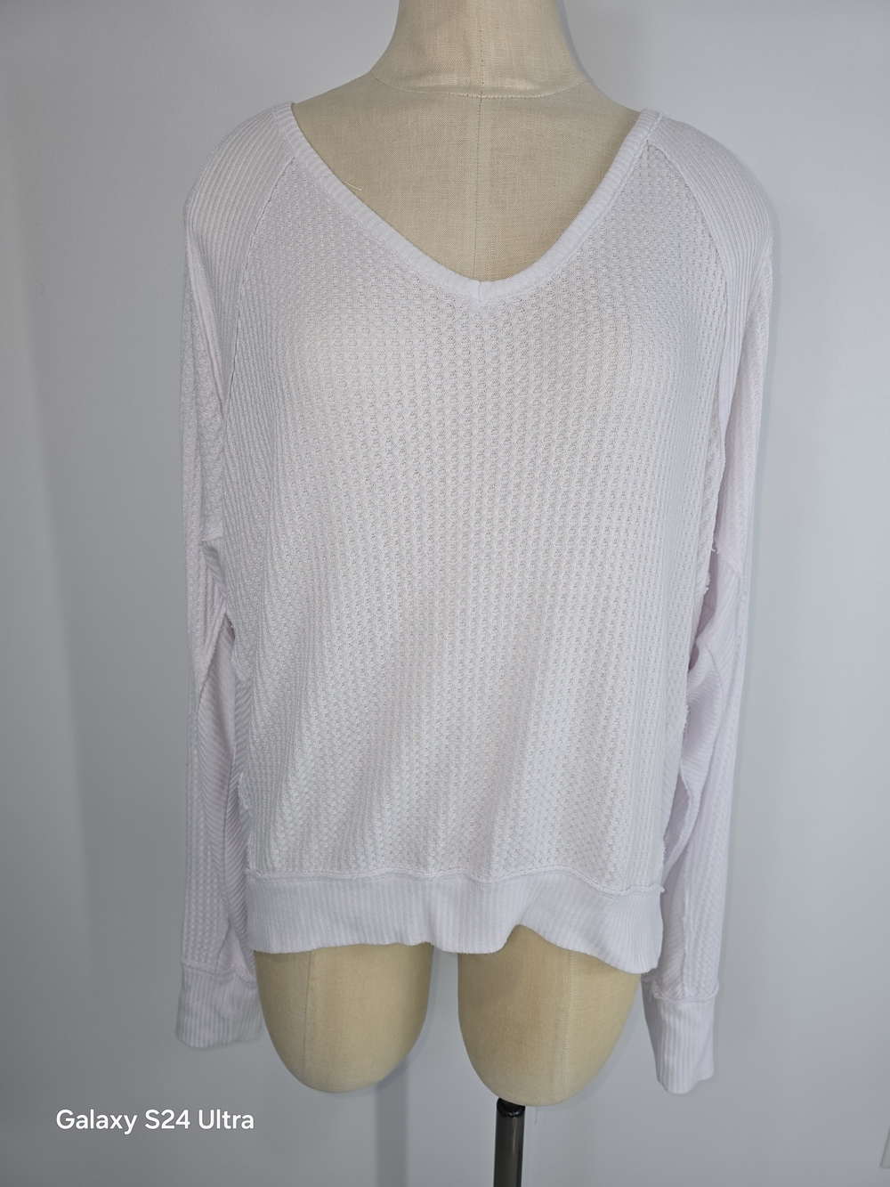 We The Free Pale Pink Waffle Knit V-Neck Long Sleeve Top